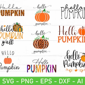 May include: A set of ten digital cut files featuring various pumpkin-themed designs with the text "Hello Pumpkin" in different styles and colours. The designs include pumpkins with leopard print, polka dots and stripes.