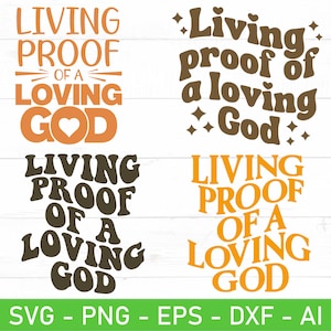 Puede incluir: Cuatro variaciones de un diseño gráfico con el texto "Living Proof of a Loving God" en diferentes fuentes y colores. El texto está en un estilo retro con un símbolo de corazón en la palabra "God".