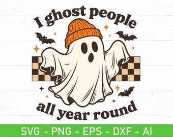 I Ghost People All Year Round SVG PNG, Funny Introvert Halloween Quote, Checkered Beanie Ghost, Sarcastic Shirt Png