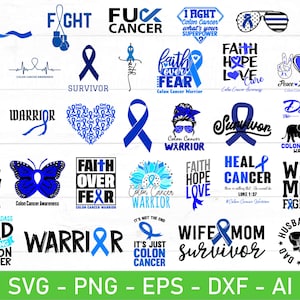 Pacchetto di svg per la consapevolezza del cancro al colon, Blue Ribbon svg, Combatti il cancro al colon svg, Peace Love Cure svg, eps, dxf, ai, png, file per Cricut