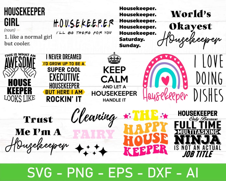 K&ouml;nnte beinhalten: Eine Sammlung von bunten digitalen Designs mit humorvollen und motivierenden Zitaten &uuml;ber das Housekeeping. Die Designs beinhalten S&auml;tze wie "Housekeeper Girl", "World's Okayest Housekeeper", "Ich liebe es, Geschirr zu sp&uuml;len", "Vertraue mir, ich bin eine Hausfrau", "Reinigungsfee", "Die gl&uuml;ckliche Hausfrau" und "Hausfrau nur weil... Vollzeit-Multitasking-Ninja ist kein echter Jobtitel".