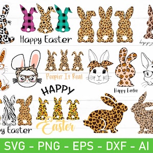 May include: A set of digital cut files featuring various bunny designs in a leopard print pattern. The designs include bunnies with glasses, headbands, and different poses. The text "Happy Easter" is included in the design.
