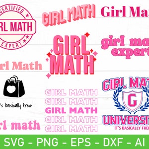 Puede incluir: Un diseño gráfico rosa y blanco con el texto "Girl Math" en varios estilos y fuentes. El diseño incluye una ilustración en blanco y negro de un bolso con un corazón y el texto "it's basically free".