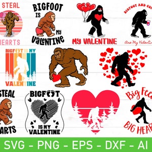 Bigfoot SVG de San Valentín, Bigfoot es mi San Valentín svg, robo corazones svg, Bigfoot del día de San Valentín svg, eps, dxf, ai, png, archivos para Cricut