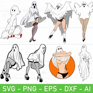 Op de afbeelding: Een set van tien digitale snijbestanden met verschillende poses van een spook dat een laken draagt. De spoken zijn in verschillende poses, waaronder staand, zittend en liggend. De bestanden zijn in SVG, PNG, EPS, DXF en AI formaten.