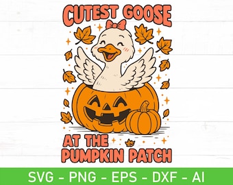 Cutest Goose at the Pumpkin Patch SVG PNG, Kawaii Goose in Jack O Lantern, Funny Fall Kids Halloween Shirt