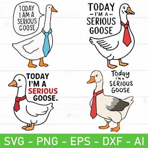 Pode incluir: Quatro ilustrações digitais de gansos usando gravatas. Cada ganso tem uma expressão diferente e o texto "Today I'm a Serious Goose" ou "Today I am a Serious Goose" está incluído em cada imagem.