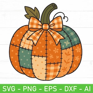 May include: A cartoon pumpkin with a patchwork design in orange, green, and tan. The pumpkin has a green stem, a tan and orange plaid bow, and is decorated with floral and polka dot patterns. The bottom of the image has the text "SVG - PNG - EPS - DXF - AI".