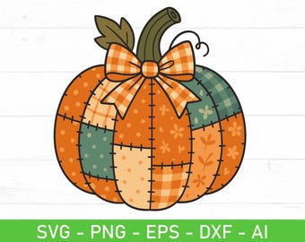 Patchwork Pumpkin SVG PNG, Gingham Bow Pumpkin, Boho Fall Decor, Cottagecore Harvest Cricut Cut Files
