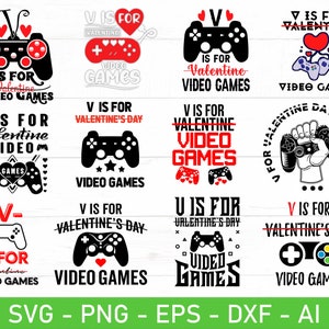 V es para videojuegos svg, camiseta de San Valentín para niños svg, camiseta de San Valentín para niños svg, eps, dxf, ai, png, archivos para Cricut