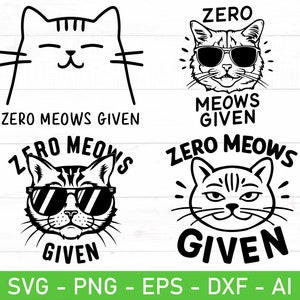 Puede incluir: Cuatro ilustraciones en blanco y negro de gatos con el texto "Zero Meows Given". La primera imagen es una cara de gato simple. La segunda imagen es un gato con gafas de sol con el texto "Zero" encima del gato y "Meows Given" debajo del gato. La tercera imagen es un gato con gafas de sol con el texto "Zero Meows Given" alrededor del gato. La cuarta imagen es un gato con gafas de sol con el texto "Zero Meows Given" alrededor del gato.