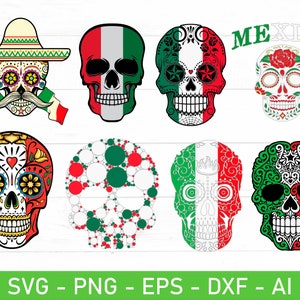 May include: Set of 8 digital files featuring colorful sugar skull designs with Mexican flag colors and patterns. The designs include a traditional sugar skull with a sombrero, a skull with a floral pattern, a skull with a geometric pattern, and a skull with a swirl pattern. The text "MEXICO" is included in the image.
