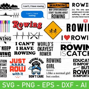 Könnte beinhalten: Eine Sammlung von schwarzen und weißen SVG-Schneidedateien mit Designs zum Thema Rudern. Die Designs beinhalten Sätze wie "Just Keep Rowing", "Rowing is Catchy" und "World's Okayest Rower".