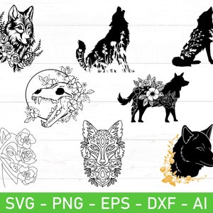 Floral wolf svg png Bundle, Wolf with wolf svg, Floral Wolf Silhouette