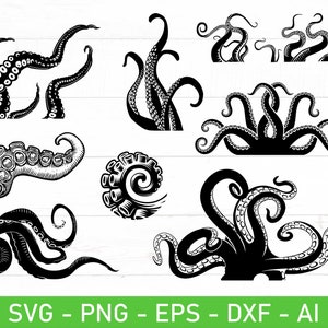 May include: A set of eight black and white vector illustrations of octopus tentacles in various poses. The tentacles are detailed with suckers and are perfect for crafting projects.