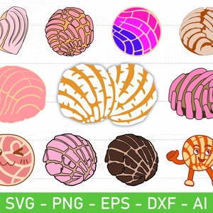 May include: A selection of colourful concha bread illustrations in various designs, including a heart shape and round shapes with different patterns and colours. The image also includes the text "SVG - PNG - EPS - DXF - AI".