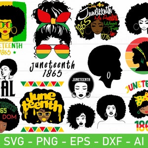 Puede incluir: Un conjunto de 12 archivos de corte digital que presentan siluetas negras de mujeres con peinados afro y texto con el tema de Juneteenth. El texto incluye "Juneteenth 1865", "Free Dom", "100% FR REAL" y "Juneteenth".