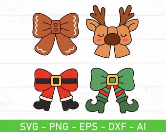 Christmas Bows SVG PNG, Gingerbread Bow, Reindeer Bow, Santa Bow, Elf Bow, Cute Holiday Clipart for Cricut