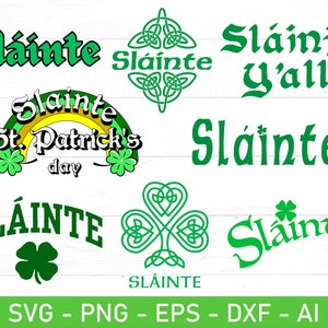 Puede incluir: Un conjunto de ocho archivos de corte SVG verdes y amarillos con la frase irlandesa "Sláinte" en varios estilos y diseños. Los diseños incluyen un trébol, un nudo celta y un arcoíris con las palabras "St. Patrick's Day".