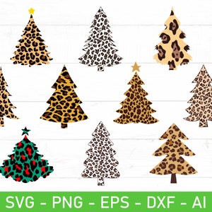 May include: Set of ten digital cut files featuring Christmas trees in various leopard print patterns. The trees are in different colors, including brown, black, white, and teal.