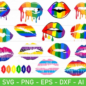 May include: A set of 12 digital cut files featuring rainbow lips in various styles, including dripping paint and different pride flag designs. The files are available in SVG, PNG, EPS, DXF, and AI formats.