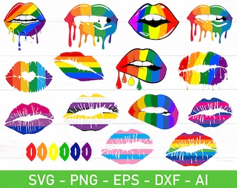 Labios de orgullo LGBT (Svg), labios de arcoíris (Svg), labios de arcoíris mordedores (Svg), labios de arcoíris goteando (Svg), eps, dxf, ai, png, archivos para Cricut