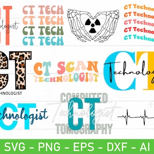 Pode incluir: Um conjunto de 10 arquivos de corte digital para artesanato e design. Os arquivos apresentam vários designs relacionados a tecnólogos de tomografia computadorizada, incluindo as letras "CT" em diferentes estilos, as palavras "CT Technologist" e "CT Scan Technologist", um coração com um símbolo de radiação dentro e uma linha de batimento cardíaco com um símbolo de radiação. Os arquivos estão disponíveis nos formatos SVG, PNG, EPS, DXF e AI.