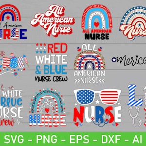 Infirmière 4 juillet svg png Bundle, toute infirmière américaine svg, infirmière 4 juillet rétro svg, svg infirmière rouge blanc bleu