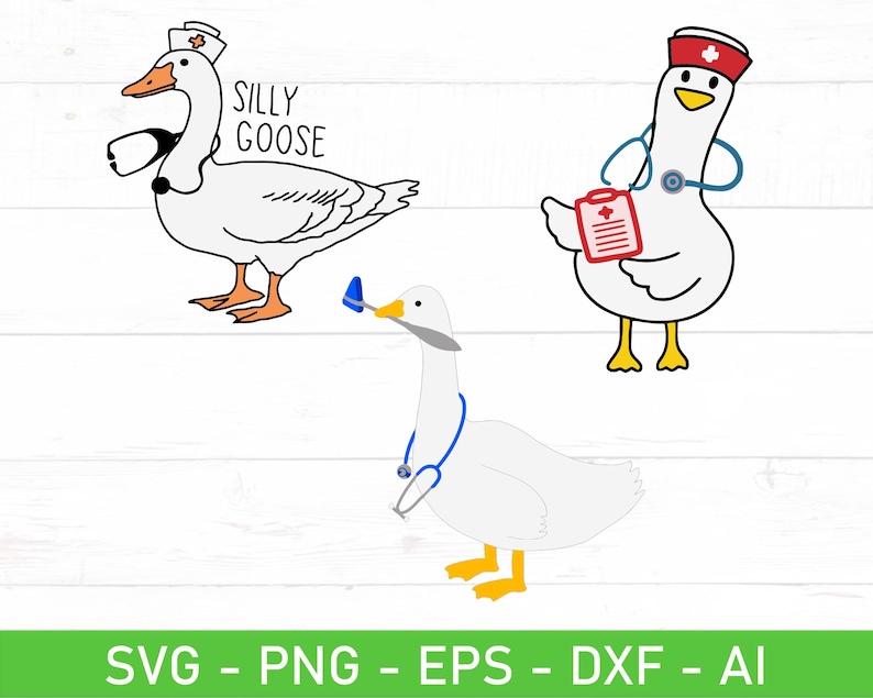 May include: Three cartoon geese wearing nurse hats and holding medical supplies. The first goose is wearing a blue stethoscope and holding a red clipboard with a white cross. The second goose is wearing a blue stethoscope and holding a white medical syringe. The third goose is wearing a blue stethoscope and holding a white medical thermometer. The text "Silly Goose" is above the first goose.