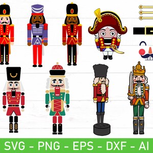 May include: A set of ten digital cut files featuring nutcracker illustrations. The nutcrackers are in various poses and colors, including red, blue, green, and gold. The files are in SVG, PNG, EPS, DXF, and AI formats.