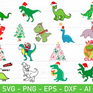 May include: A set of 12 Christmas-themed dinosaur SVG cut files. The designs feature dinosaurs wearing Santa hats, holding presents, and decorated with Christmas lights. The designs are perfect for creating festive crafts, decorations, and apparel.
