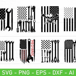 May include: A set of 10 digital cut files featuring American flag designs with various wrench and tool graphics. The designs include a skull and crossbones, the words "Mechanic", and a distressed flag design. The files are available in SVG, PNG, EPS, DXF, and AI formats.