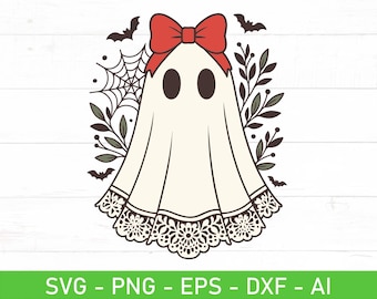 Spitze Geist SVG PNG, süße Girly Halloween Clipart, Bogen Geist, Blumen gruselige niedlich, Cricut geschnitten Dateien
