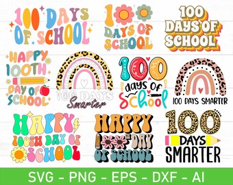Paquete SVG de 100 días de clases, SVG retro de 100 días de clases, SVG de leopardo de 100 días de clases, EPS, DXF, AI, PNG, archivos para Cricut