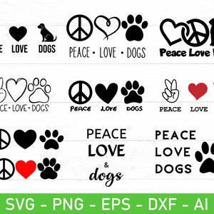 Paz, amor, perros, archivos svg, eps, dxf, ai, png para Cricut