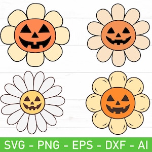 May include: Four different Halloween-themed flower designs with a jack-o'-lantern face in the center. The flowers are in orange, yellow, and white.