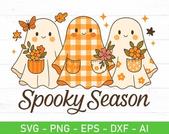 Spooky Season Ghosts SVG PNG, Plaid Gingham Fall, Cute Retro Halloween, Cottagecore Décor Cricut Files