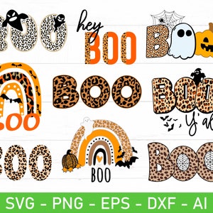 May include: A set of ten Halloween-themed digital designs featuring the word "BOO" in various styles. The designs include leopard print, rainbows, ghosts, spiders, and pumpkins. The text "Hey BOO" and "BOO y'all" are also included.