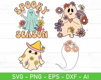 Groovy Ghost Svg Png Bundle, Groovy Retro Spooky Season Halloween Cute Daisy Ghost With Flowers svg png