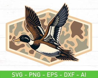 Pato Camuflado SVG PNG: Insignia de Ave Acuática Voladora, Calcomanía de Caza de Patos para Amantes de la Naturaleza, Diseño de Calcomanía de Ánade Real