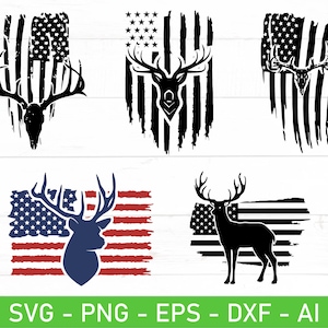 May include: Five different designs of a deer head silhouette with an American flag background. The designs include a distressed flag, a full flag, and a flag with a deer head silhouette in the center.