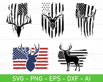 May include: Five different designs of a deer head silhouette with an American flag background. The designs include a distressed flag, a full flag, and a flag with a deer head silhouette in the center.