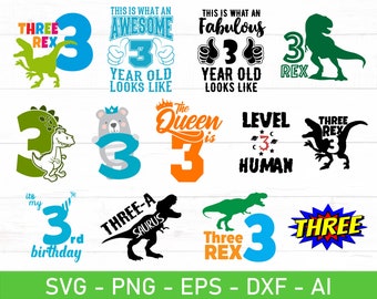 Bundle svg troisième anniversaire, trois rex svg, 3 rex svg, eps, dxf, ai, png, fichiers pour Cricut