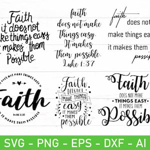 May include: Black and white typography design with the phrase "Faith does not make things easy, it makes them possible." The design includes a quote from Luke 1:37.