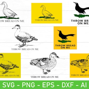 Puede incluir: Un conjunto de seis ilustraciones digitales en blanco y negro de patos y un pájaro. Cada ilustración presenta un pato o un pájaro con el texto "Throw Bread On Me" sobre un fondo amarillo.