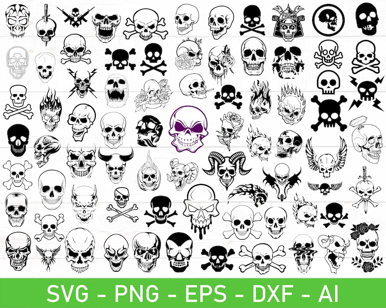 May include: A collection of black and white skull illustrations in various designs, including crossbones, flames, and floral accents. The image also includes the text "SVG - PNG - EPS - DXF - AI" in green.