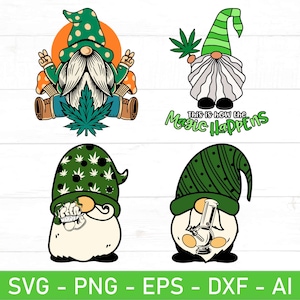 Pode incluir: Quatro ilustrações de gnomos, cada um com barba branca e chapéu verde, com tema de cannabis. Um gnomo segura um bong, outro uma folha de cannabis, e dois estão sentados. A frase "This is how the Magic Happens" também está presente.