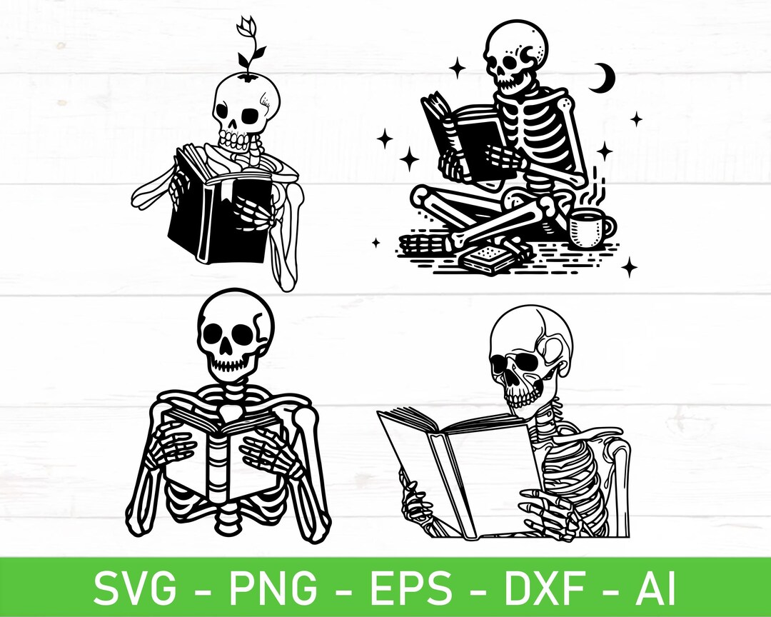 Skeleton Reading Book SVG PNG Bundle, Skeleton Holding Book Lover ...