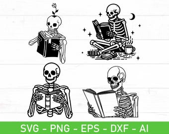 Skeleton Reading Book SVG PNG Bundle, Skeleton Holding Book Lover Bookworm