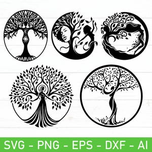 May include: Five black and white illustrations of tree of life designs. Each design features a tree with a woman figure incorporated into the branches. The designs are circular and perfect for crafting projects.